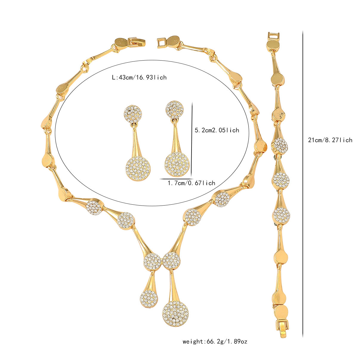 3Pcs Round Pave CZ Jewelry Set | Necklace + Drop Earrings + Bracelet, Hypoallergenic Gold/Silver Plated