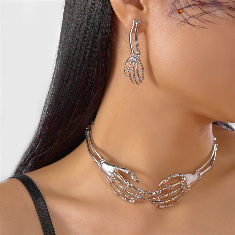 Gothic Skeleton Hand Jewelry Set, Vintage Skull Bone Choker Necklace & Drop Earrings Set Halloween Punk Statement Jewelry For Women
