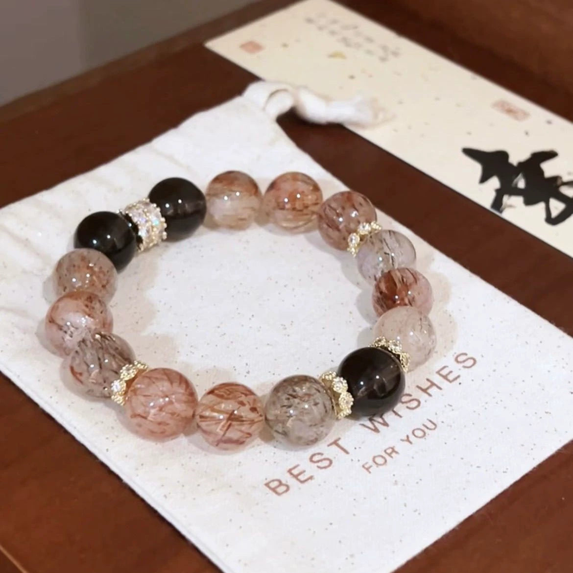 Vintage Black Gold Crystal Bracelet Natural Red Hair Rutilated Quartz Smoky Quartz Bracelet Energy Healing Crystal Bracelet for Daily Wear & Gifting