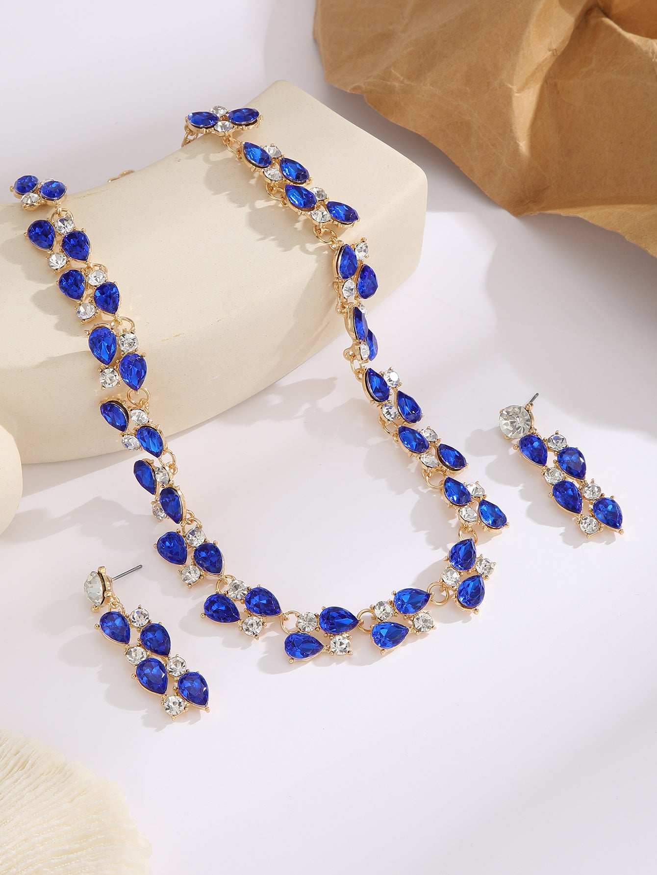 Teardrop Sapphire/Emerald Crystal Necklace & Drop Earring Formal Jewelry Set