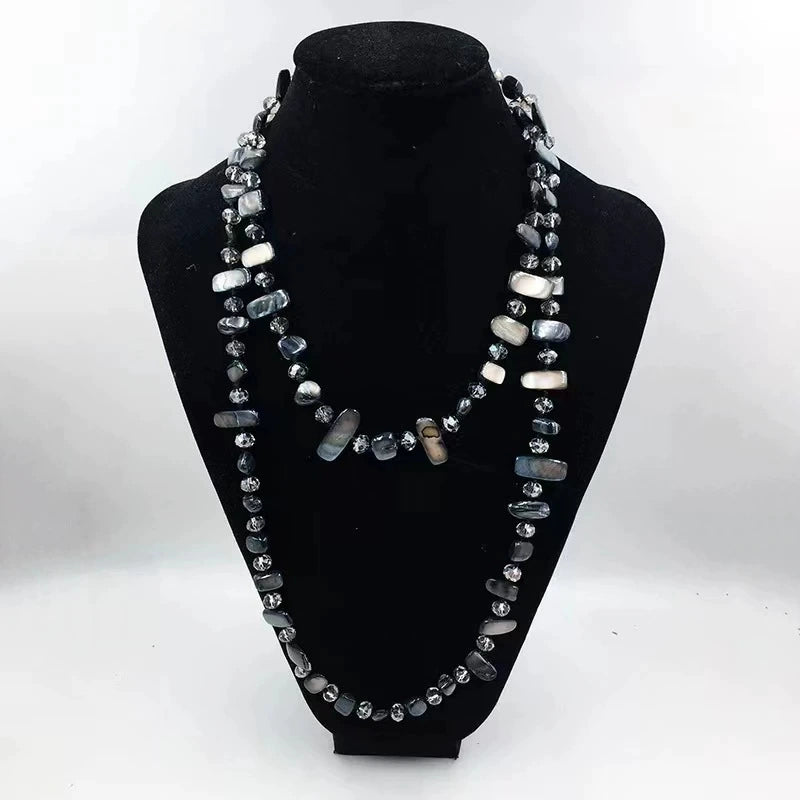 Lightweight Multi-Shape Raw Shell Chip Long Necklace Matte Black Small Crystal Spacers Ethnic Hippie Style Adjustable Sweater Chain Ladies Gift