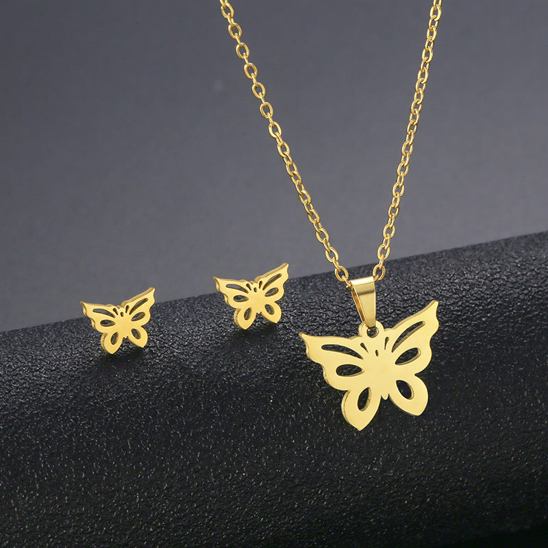 Stainless Steel Hollow Butterfly Jewelry Set Gold Silver Pendant Necklace Matching Stud Earrings Women Gift