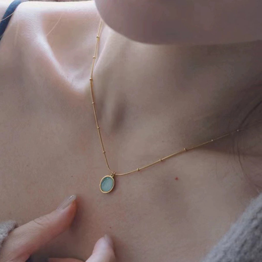 Oval Blue Cat's Eye Pendant Necklace, Gold Plated Stainless Steel Hypoallergenic Dainty Choker
