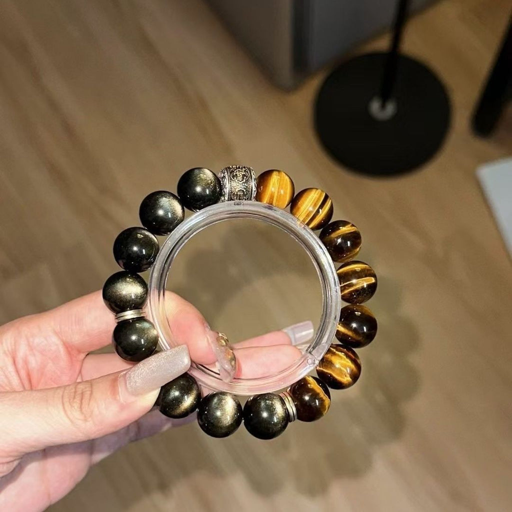 Wealth Luck Tiger Eye & Golden Obsidian Bracelet for Men Women, Black Obsidian Protection Beaded Bracelet with Tibetan Mantra Charm, Good Fortune Crystal Amulet Jewelry Gift for Business & Daily Wear