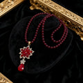 Vintage Fire Red Floral Teardrop Pendant Sweater Necklace Round Red Agate Bead Chain Full Pave White Crystal Gold Plated Chinese Wedding Banquet Long Layering Necklace For Women