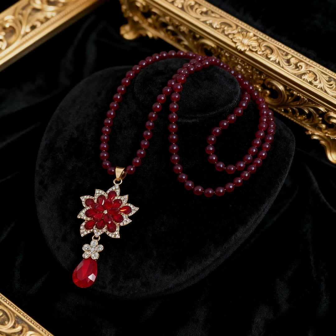 Vintage Fire Red Floral Teardrop Pendant Sweater Necklace Round Red Agate Bead Chain Full Pave White Crystal Gold Plated Chinese Wedding Banquet Long Layering Necklace For Women