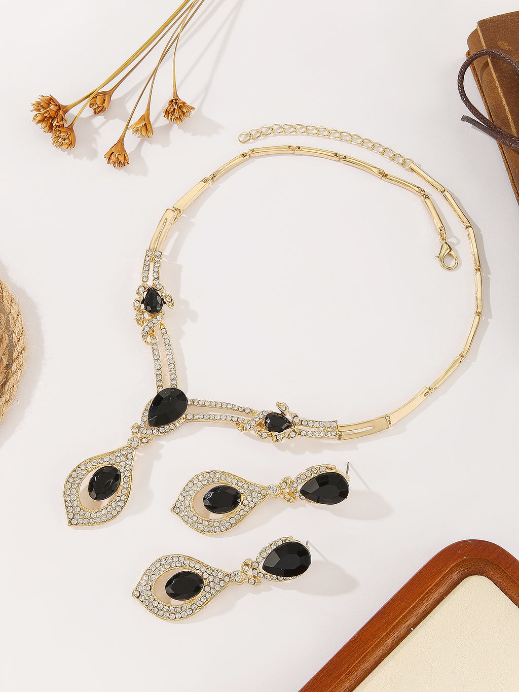 Teardrop Black Crystal Rhinestone Y Drop Necklace & Dangle Earring Set