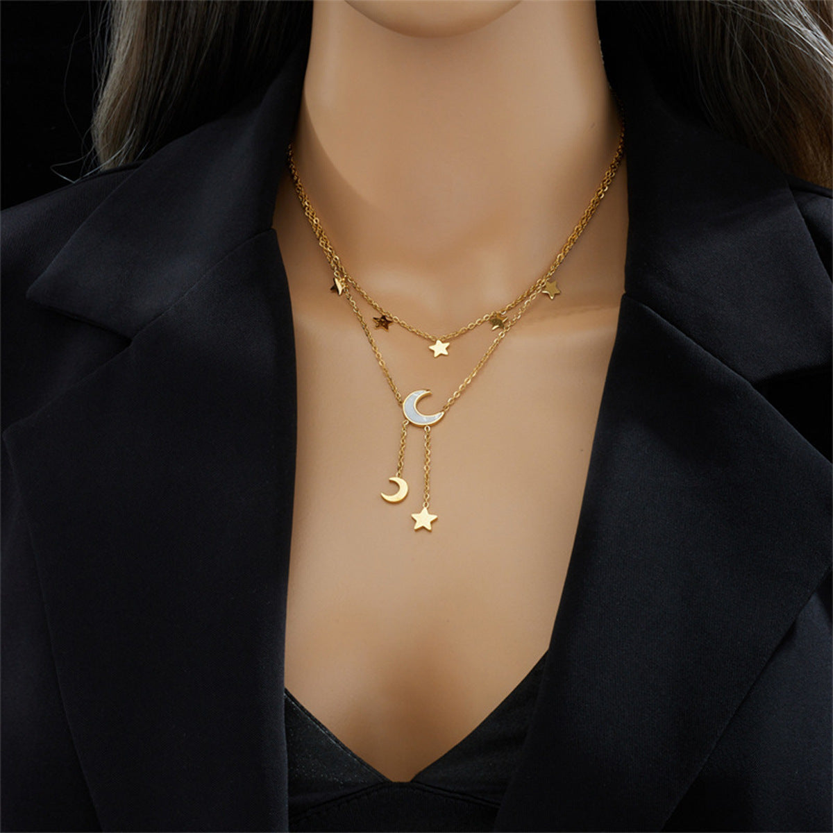 Double Layer Star Moon Titanium Steel Necklace, Shell Inlay Hypoallergenic Layering Choker