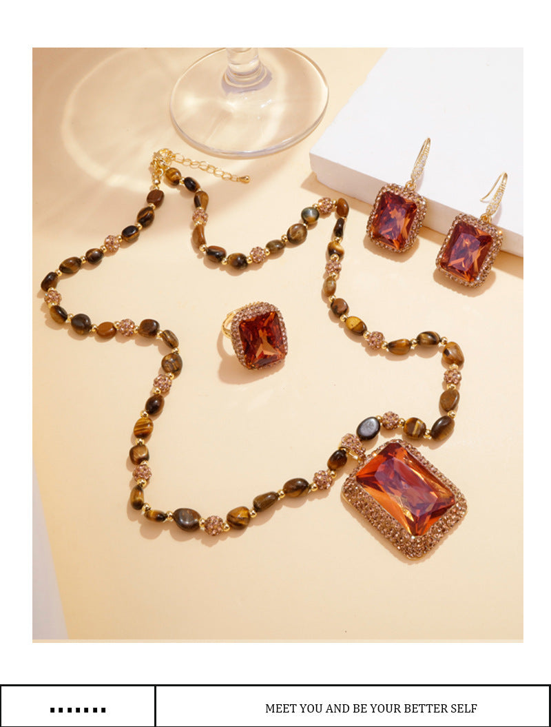 Vintage Orange Sultan Stone 3Pcs Jewelry Set Natural Tiger Eye Beaded Necklace Drop Earrings Cocktail Ring Gold Plated Retro Women