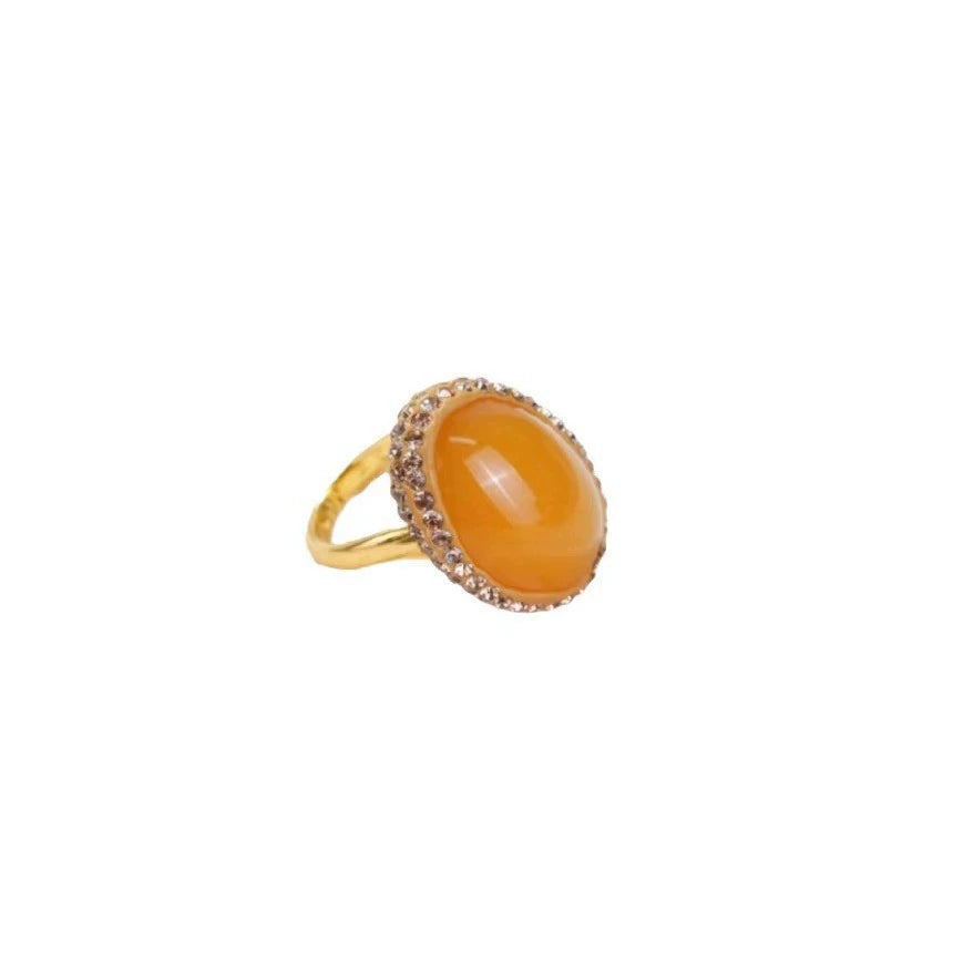 Vintage Large Oval Cabochon Gem Ring Sparkly Rhinestone Surround Open Adjustable Finger Ring Anti-Fade Gold Plated Party Jewelry Gift