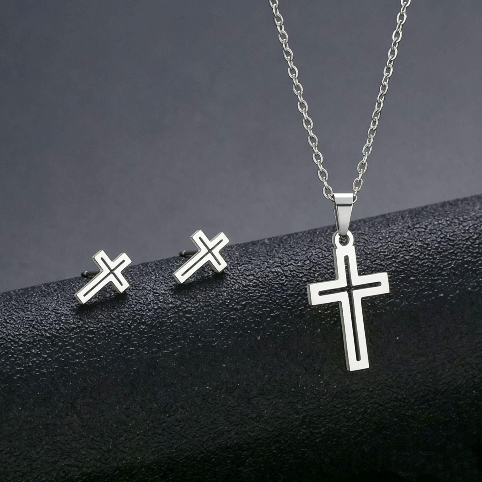 Stainless Steel Hollow Cross Necklace Earring Set Gold Silver Minimal Christian Religious Jewelry Gift