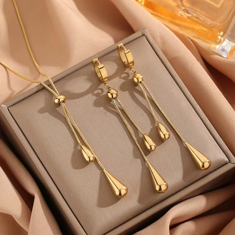 Gold Teardrop Tassel Jewelry Set, Adjustable Lariat Necklace & Long Drop Earrings Hypoallergenic Stainless Steel