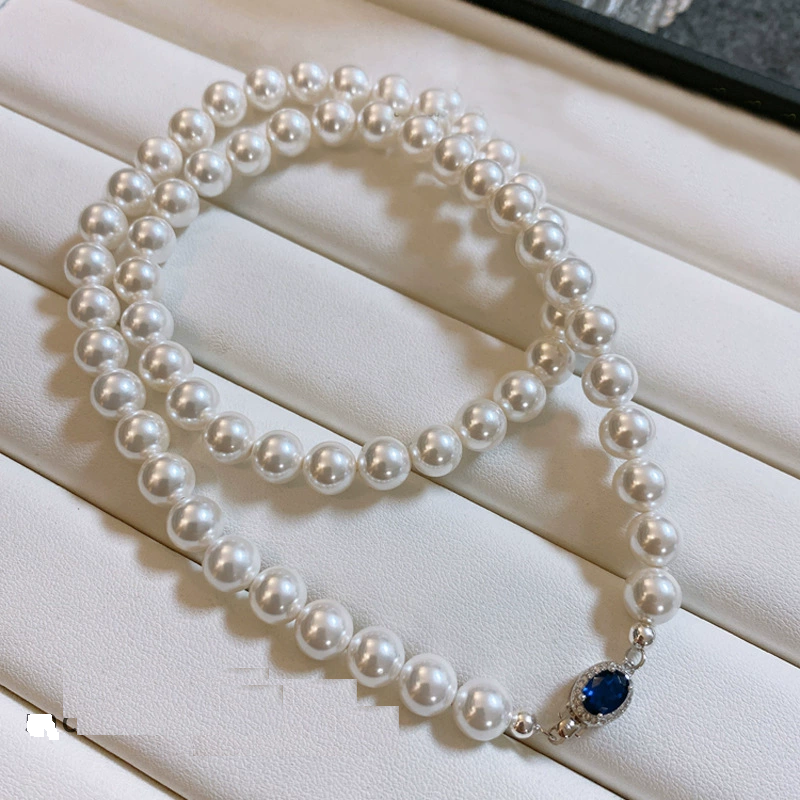 High Luster Natural Australian Mother of Pearl Necklace, 925 Sterling Silver Sapphire Inlaid Clasp, 45CM Single Strand Round Shell Pearl Choker, Elegant Vintage Pearl Jewelry for Wedding Party Daily Outfit Gift for Women