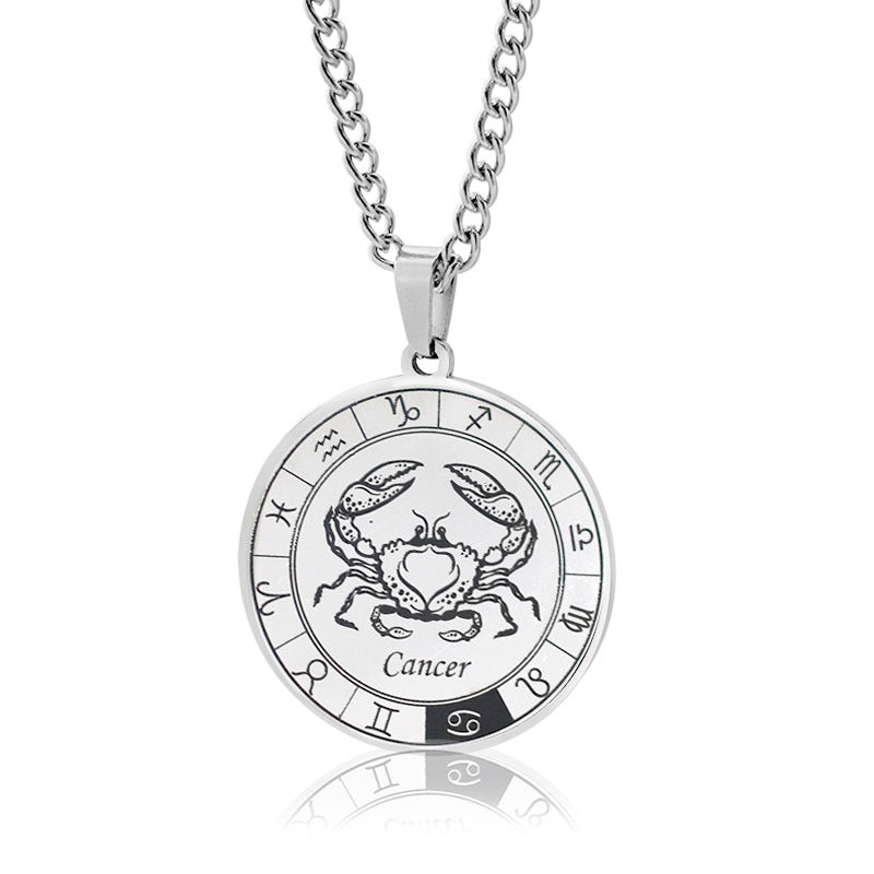 12 Zodiac Sign Stainless Steel Pendant Necklace Engraved Horoscope Coin 60cm Curb Chain Unisex Gift