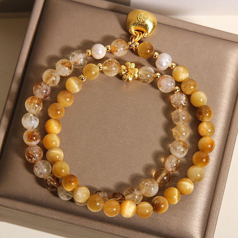 Natural Yellow Rutilated Quartz Double Wrap Bracelet 36 cm, Golden Tiger Eye Beaded Bracelet with Golden Fu Lock Charm, Wealth Luck Healing Crystal Bracelet for Women, Lucky Chinese Style Jewelry Gift
