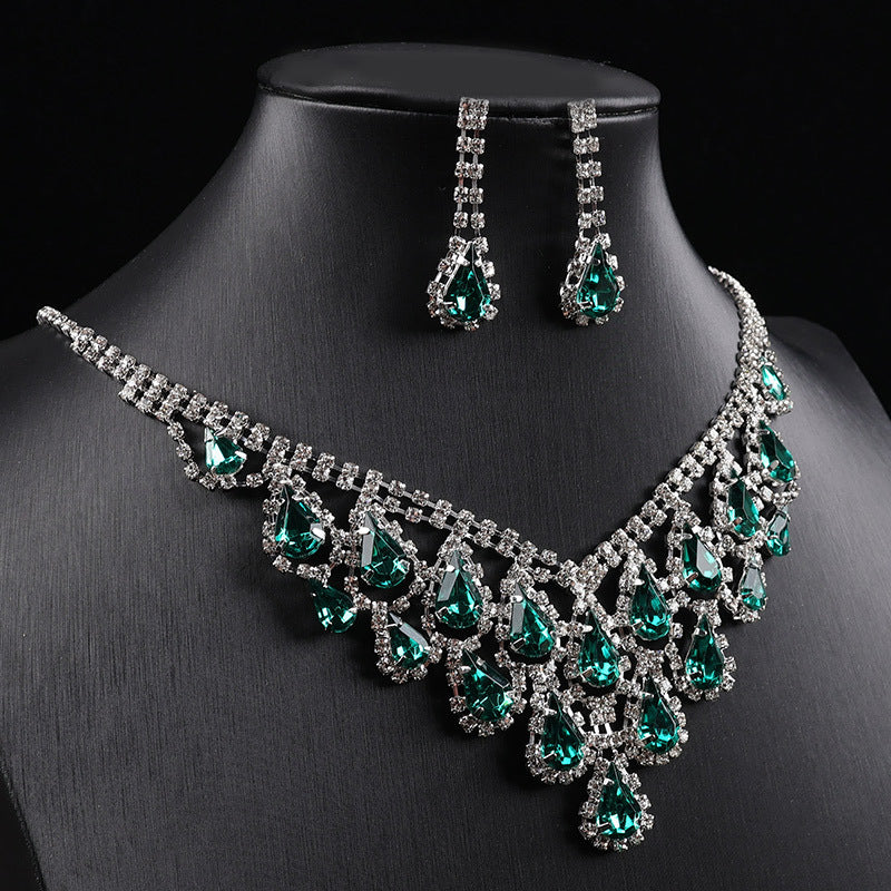 Teardrop Crystal Fringe Necklace Earring Jewelry Set, Formal Pageant Statement Jewelry