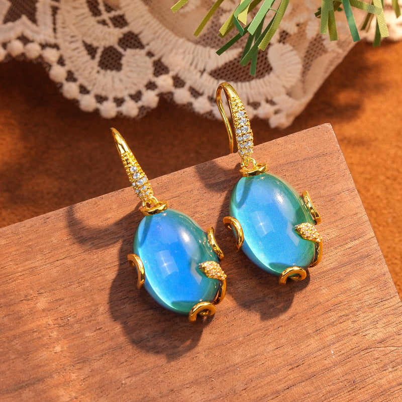 Thermochromic Temperature Sensitive Color Shift Gem Jewelry Kit Oval Mood Stone Drop Earring Adjustable Band Ring Chain Necklace