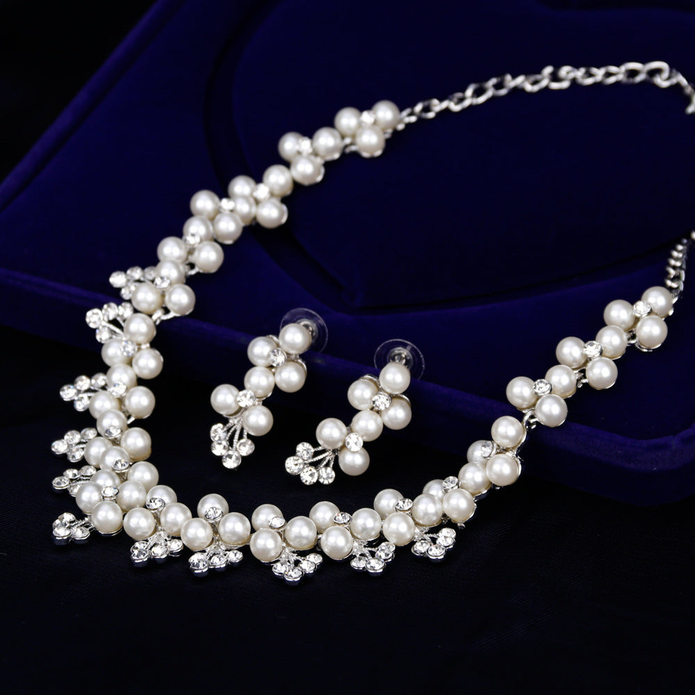 Pearl & Cubic Zirconia Bridal Jewelry Set | Necklace & Drop Earrings, Hypoallergenic Gold/Silver