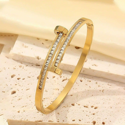 18K Gold Plated Titanium Steel Geometric Bangle Bracelet, Tarnish Resistant Cubic Zirconia Open Cuff Bracelet, Minimalist Waterproof Stackable Wrist Jewelry For Women
