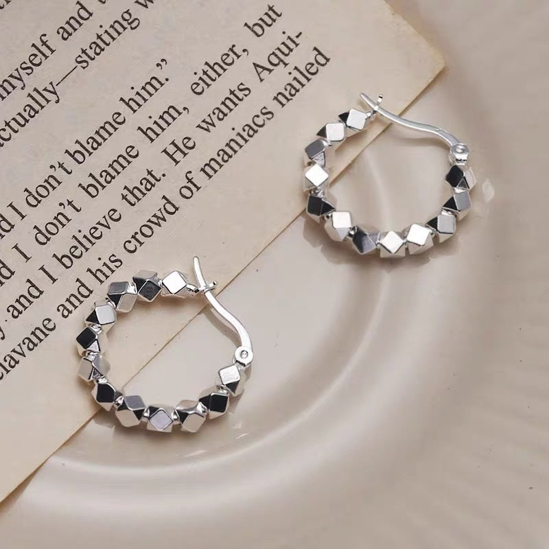 925 Sterling Silver Irregular Broken Cube Hoop Earrings, Dainty Multi-Faceted Rhombus Bead Huggie Ear Buckles Minimalist Korean Daily Earrings for Women