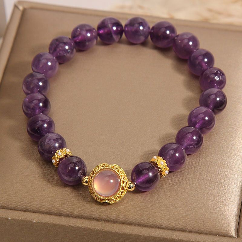 Natural Amethyst Round Cat's Eye Beaded Bracelet, Gold Plated Vintage Crystal Bracelet for Women, Calming Energy Healing Crystal Jewelry Gift for Birthday Anniversary