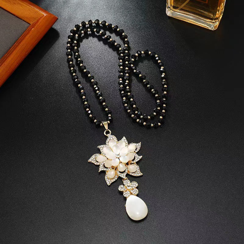 Floral Crystal Teardrop Pendant Long Sweater Necklace Black Bead Chain Gold Plated Women Vintage Jewelry