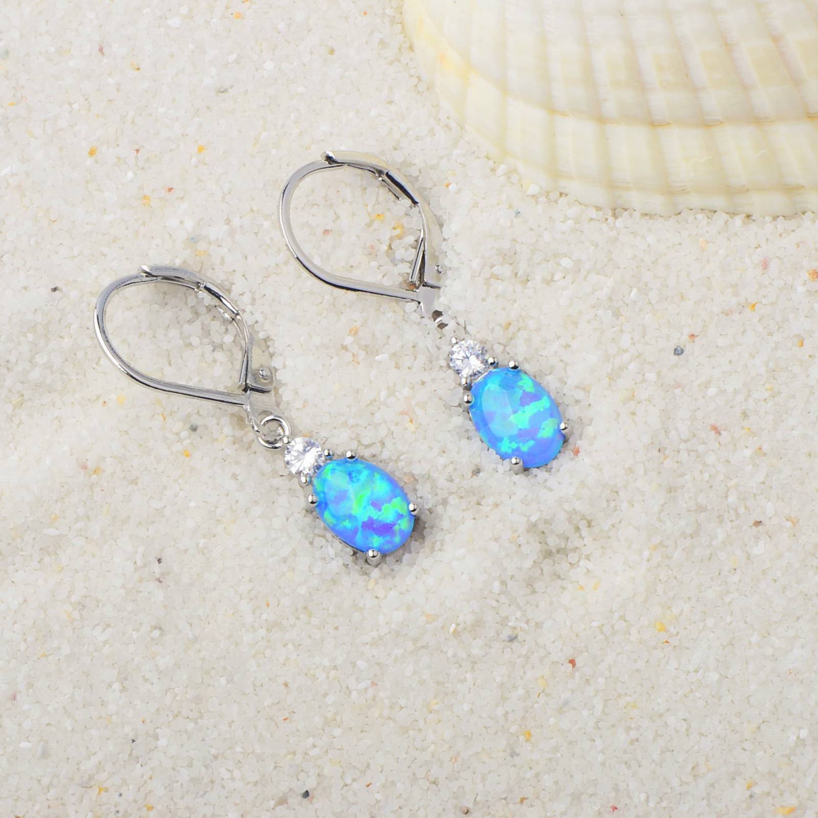 Oval Opal Leverback Drop Earrings, Silver & Rose Gold Plated