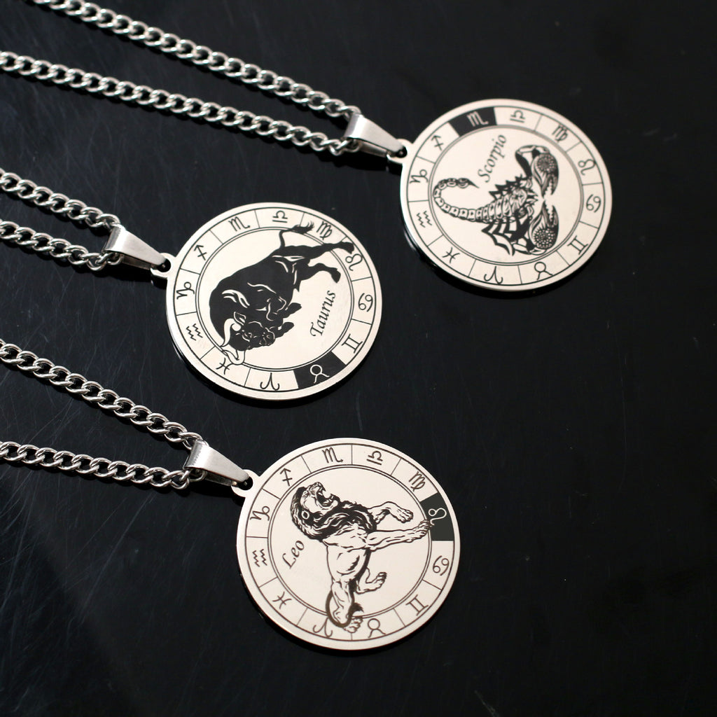 12 Zodiac Sign Stainless Steel Pendant Necklace Engraved Horoscope Coin 60cm Curb Chain Unisex Gift