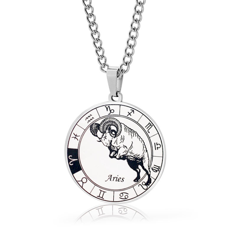 12 Zodiac Sign Stainless Steel Pendant Necklace Engraved Horoscope Coin 60cm Curb Chain Unisex Gift