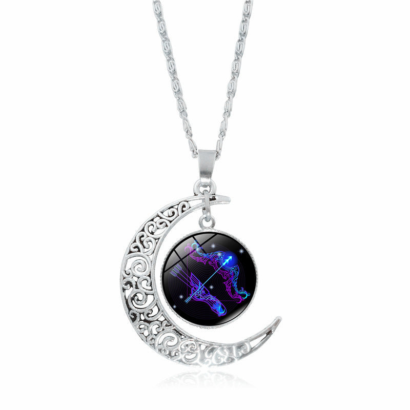 Stainless Steel 12 Constellation Crescent Moon Glass Pendant Necklace noctilucent, Zodiac Sign Time Gem Necklace for man women