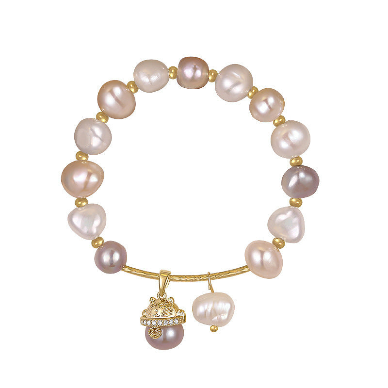 Multicolor Baroque Freshwater Pearl Stretch Bracelet, Irregular Pastel Pink White Pearl Beaded Wrist Bracelet with Paved Crystal Pearl Charm for Women Daily Bridal Wear