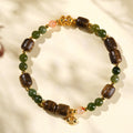 Natural Agarwood Barrel Bead Bracelet with Green Nephrite Jade, South Red Agate & Gold Ruyi Lock Charm, Elastic Chinese Vintage Bracelet for Men Women, Good Luck Meditation Bracelet
