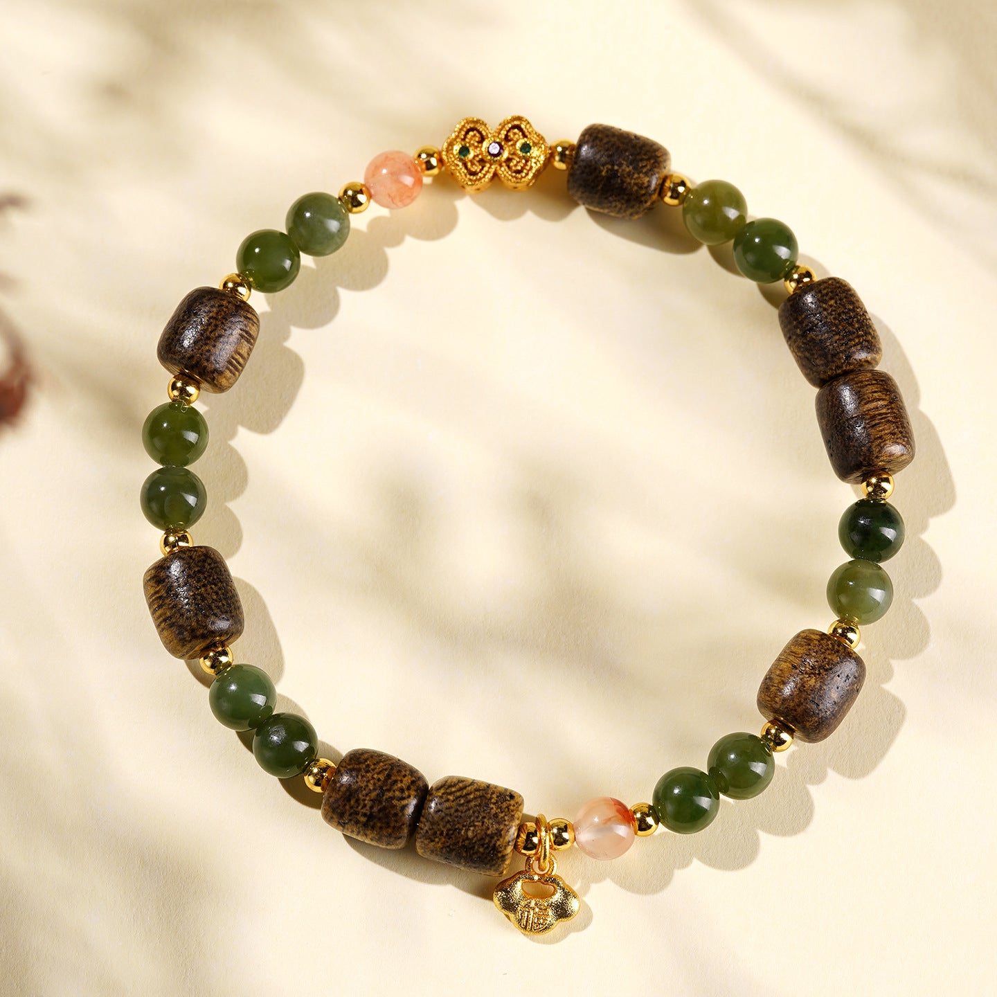Natural Agarwood Barrel Bead Bracelet with Green Nephrite Jade, South Red Agate & Gold Ruyi Lock Charm, Elastic Chinese Vintage Bracelet for Men Women, Good Luck Meditation Bracelet
