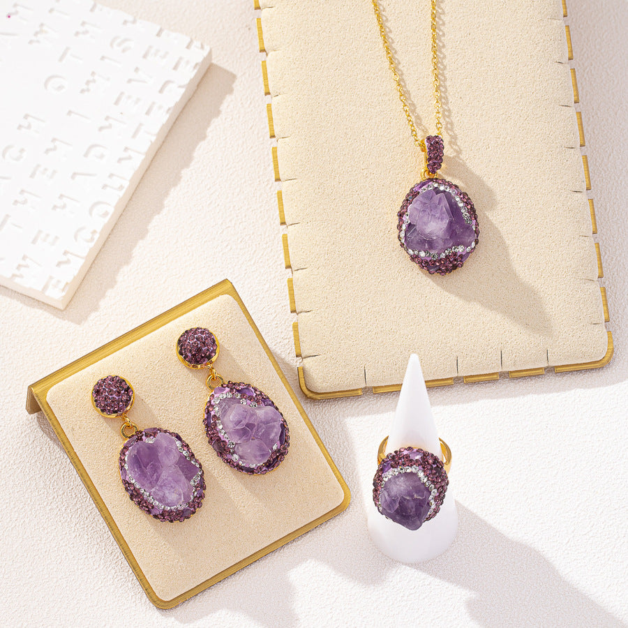 Natural Rough Brazilian Amethyst 3Pcs Jewelry Set Clay Inlaid Rhinestone Drop Earrings Adjustable Open Ring Pendant Necklace Gold Plated Women Boho Gift