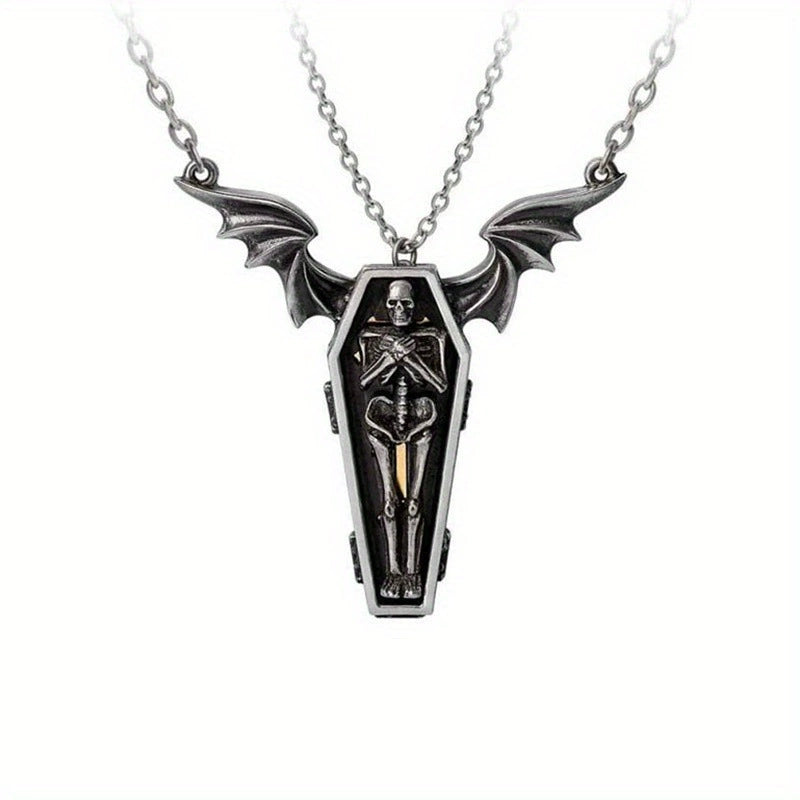 2Pcs Gothic Coffin Pendant Necklaces, Bat Wing Coffin Cross Necklace & Detachable Skeleton Body Pendant Necklace, Vintage Dark Punk Halloween Jewelry Set for Men Women