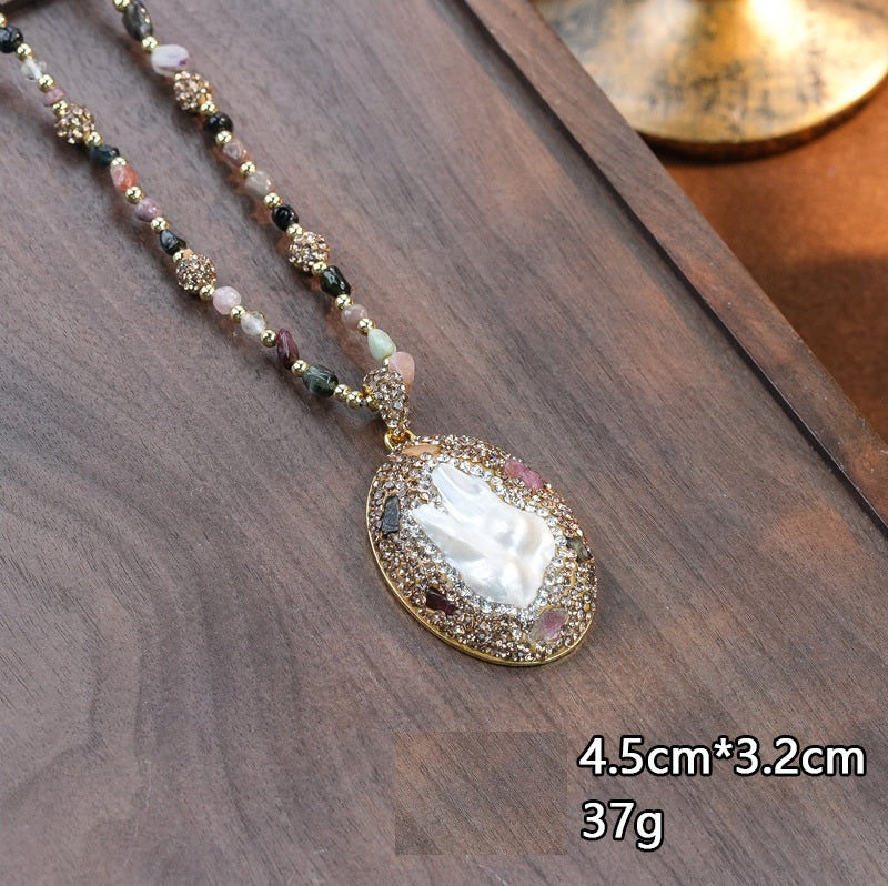 Hand Inlaid Baroque Pearl Tourmaline 3Pcs Jewelry Set Irregular Freshwater Pearl Long Sweater Chain Drop Earrings Statement Ring Gold Plated Vintage Women Gift