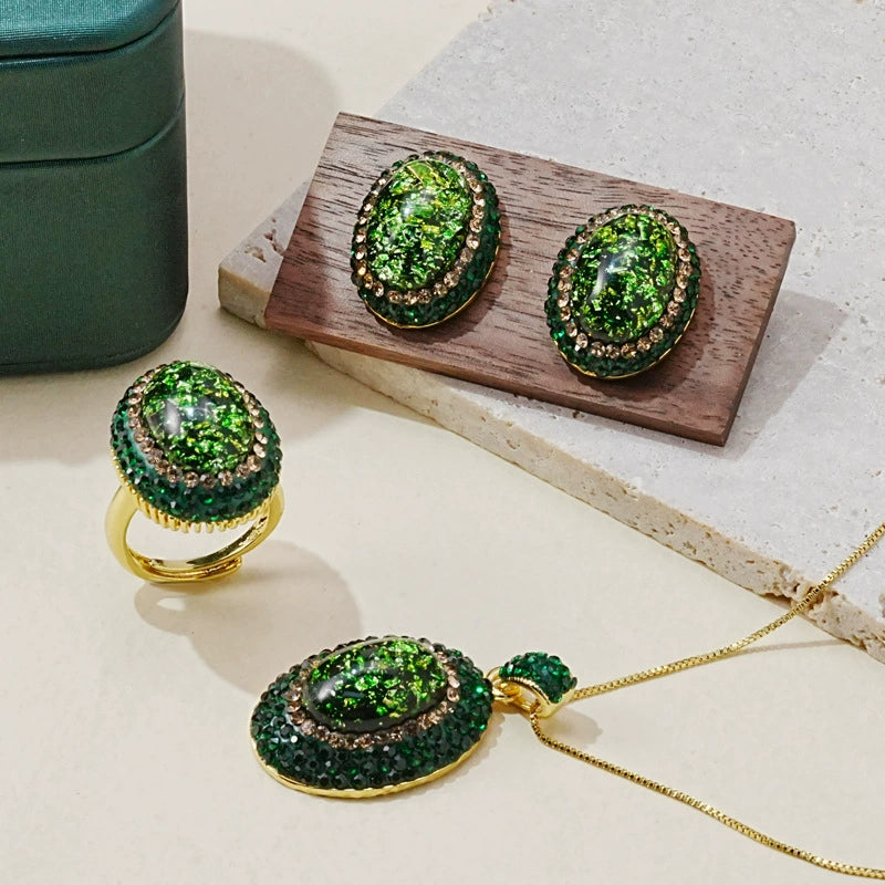 Retro Forest Green Flake Crystal Inlay Jewelry Kit Oval Cabochon Pendant Necklace Matching Stud Earring & Statement Open Ring Anti-Tarnish Gold Plated Ladies Gift Set