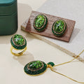 Retro Forest Green Flake Crystal Inlay Jewelry Kit Oval Cabochon Pendant Necklace Matching Stud Earring & Statement Open Ring Anti-Tarnish Gold Plated Ladies Gift Set