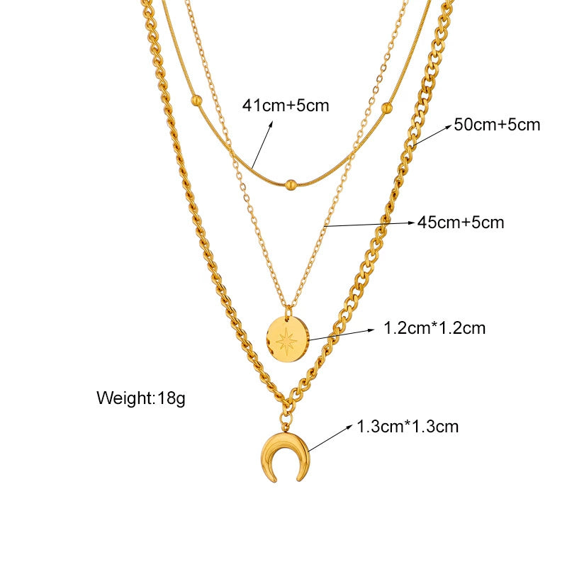 18K Gold Plated Stainless Steel 3 Layered Stackable Necklace, Celestial Star Disc & Moon Pendant Adjustable Chain