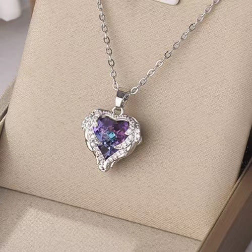 Stainless Steel Angel Wing Heart Crystal Pendant Necklace, 40+5cm Extendable Chain Two Tone