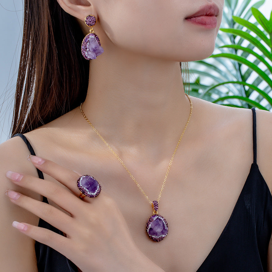 Natural Rough Brazilian Amethyst 3Pcs Jewelry Set Clay Inlaid Rhinestone Drop Earrings Adjustable Open Ring Pendant Necklace Gold Plated Women Boho Gift