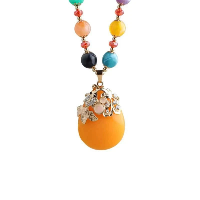 Vintage Teardrop Amber Resin Pendant Sweater Necklace Multi-Color Natural Agate Beaded Chain Gold Plated Hollow Goldfish Rhinestone Frame Chinese Style Layering Jewelry For Women