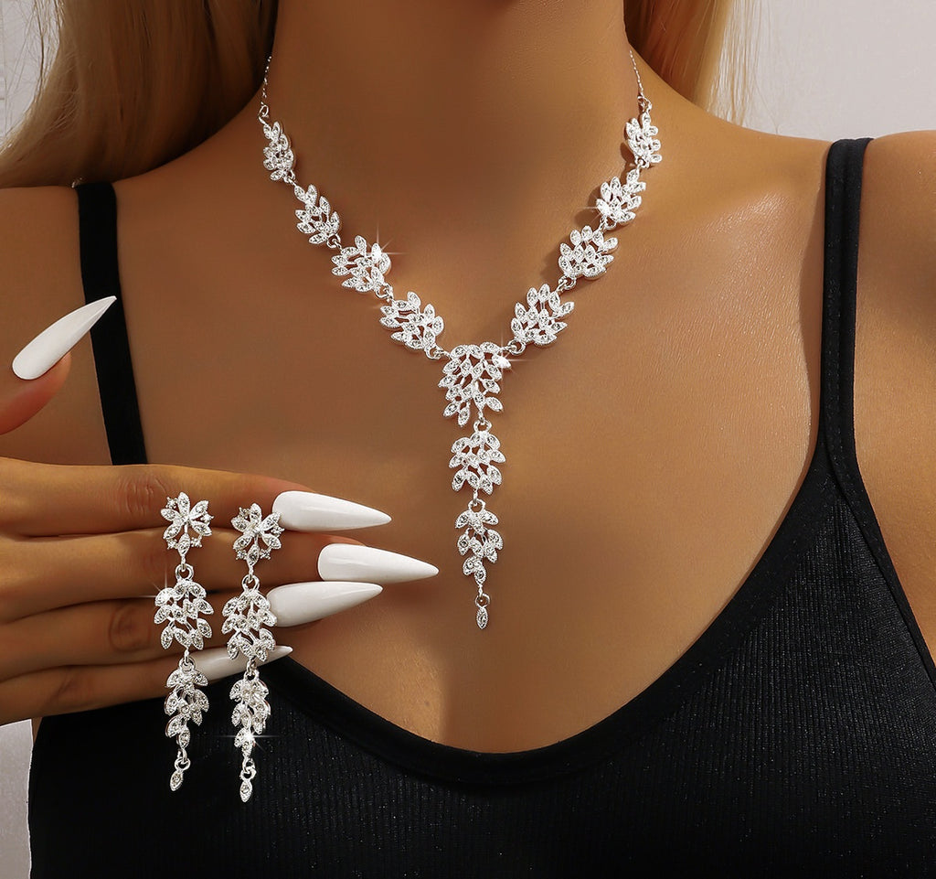 Parure de bijoux en zircon cubique en forme de feuille | Collier et boucles d'oreilles pendantes, hypoallergénique 3 couleurs