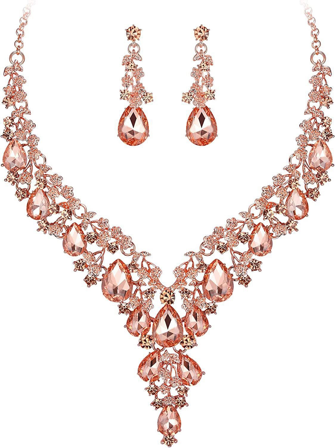 Teardrop Crystal Statement Necklace & Earrings Set, Adjustable Chain