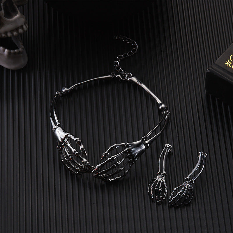 Gothic Skeleton Hand Jewelry Set, Vintage Skull Bone Choker Necklace & Drop Earrings Set Halloween Punk Statement Jewelry For Women