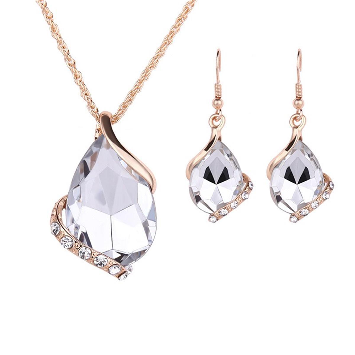 Teardrop Blue Crystal Pendant Necklace & Hook Earring Jewelry Set, Hypoallergenic Zinc Alloy