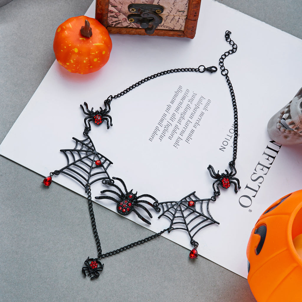 Black Spider Web Red Rhinestone Jewelry Set, Gothic Spider Choker Necklace & Dangle Earrings Halloween Punk Statement Jewelry Set For Women