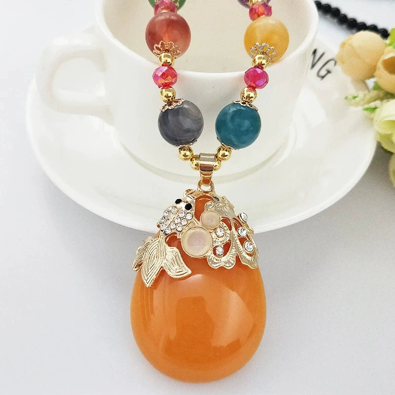 Vintage Teardrop Amber Resin Pendant Sweater Necklace Multi-Color Natural Agate Beaded Chain Gold Plated Hollow Goldfish Rhinestone Frame Chinese Style Layering Jewelry For Women