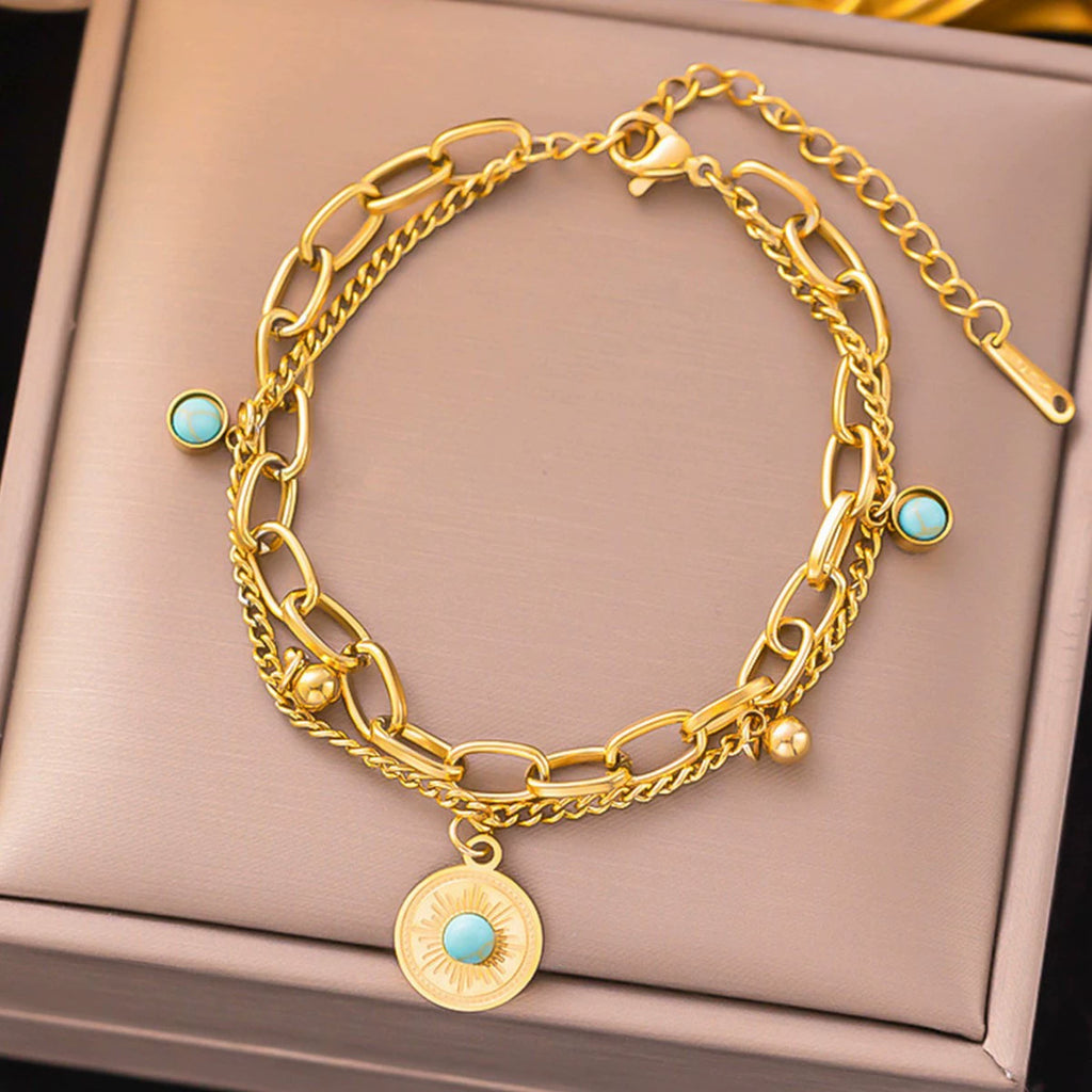 Vintage Sun Coin Turquoise Double Layer Bracelet, Hypoallergenic Titanium Steel Boho Chain Bangle