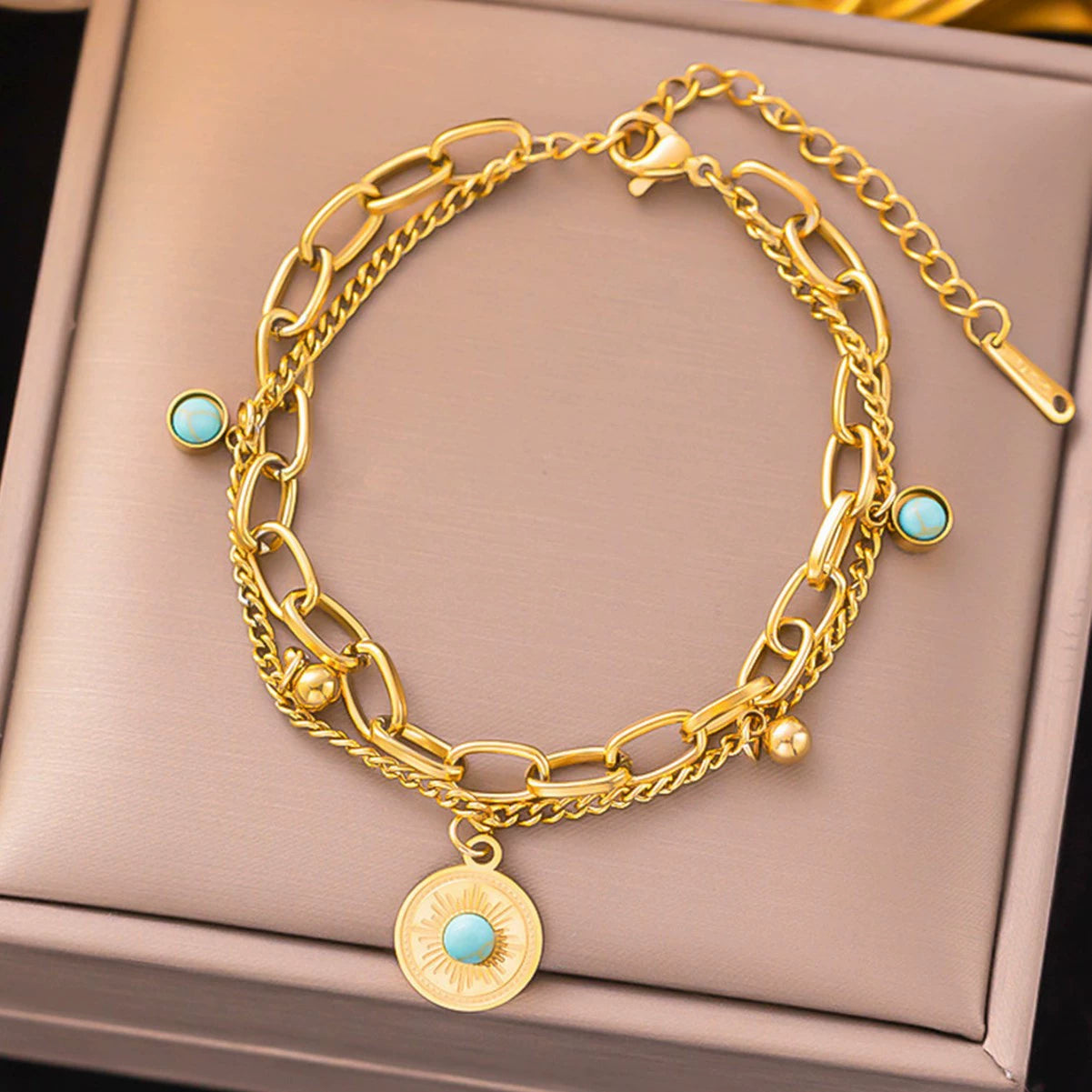 Vintage Sun Coin Turquoise Double Layer Bracelet, Hypoallergenic Titanium Steel Boho Chain Bangle